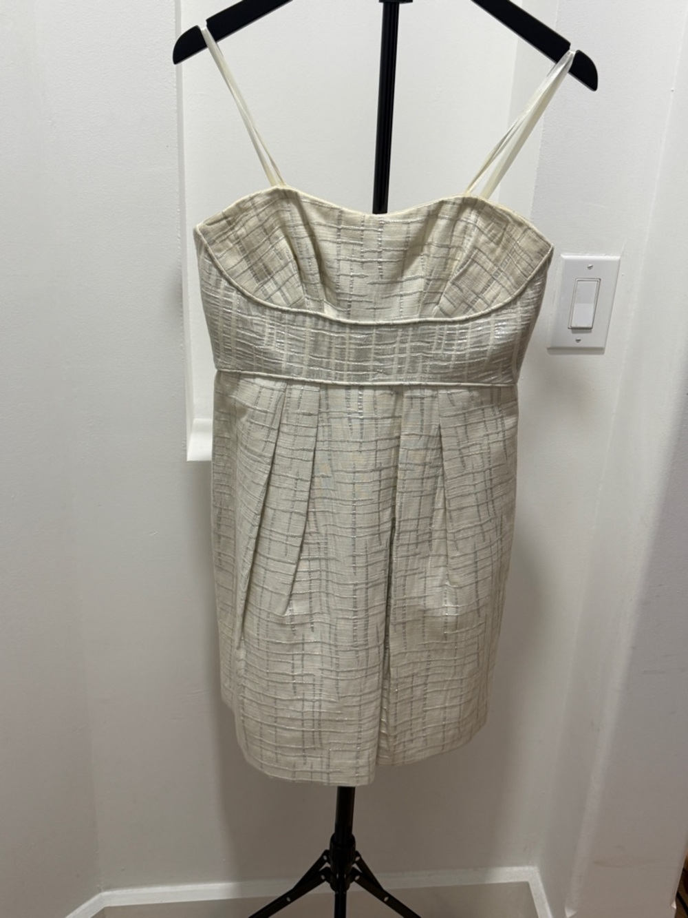 BCBGMaxAzria Cream Silver Textured Spaghetti-Strap Mini Dress